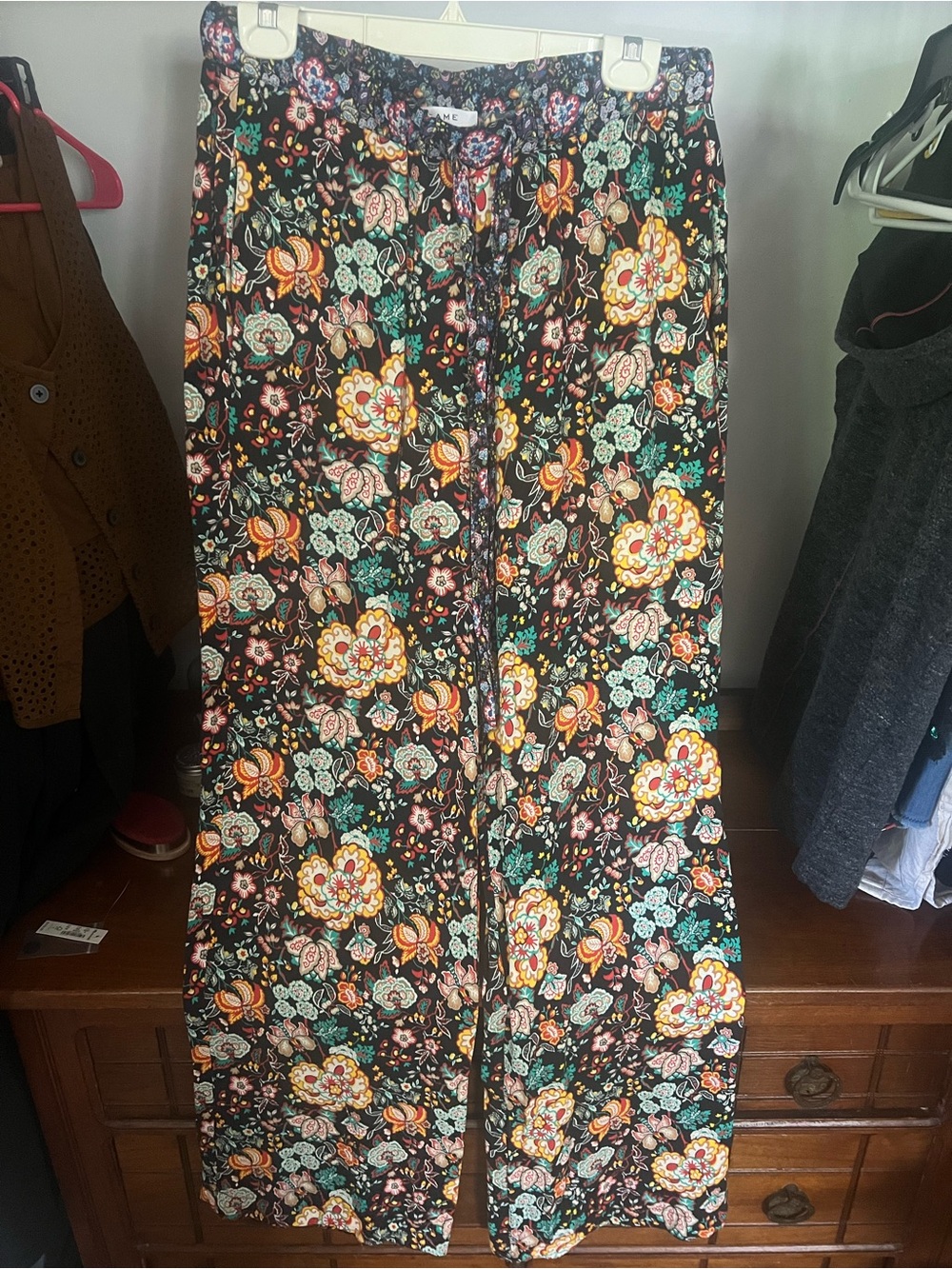 Frame Denim pants Black with Orange, Teal & Cream Floral Print